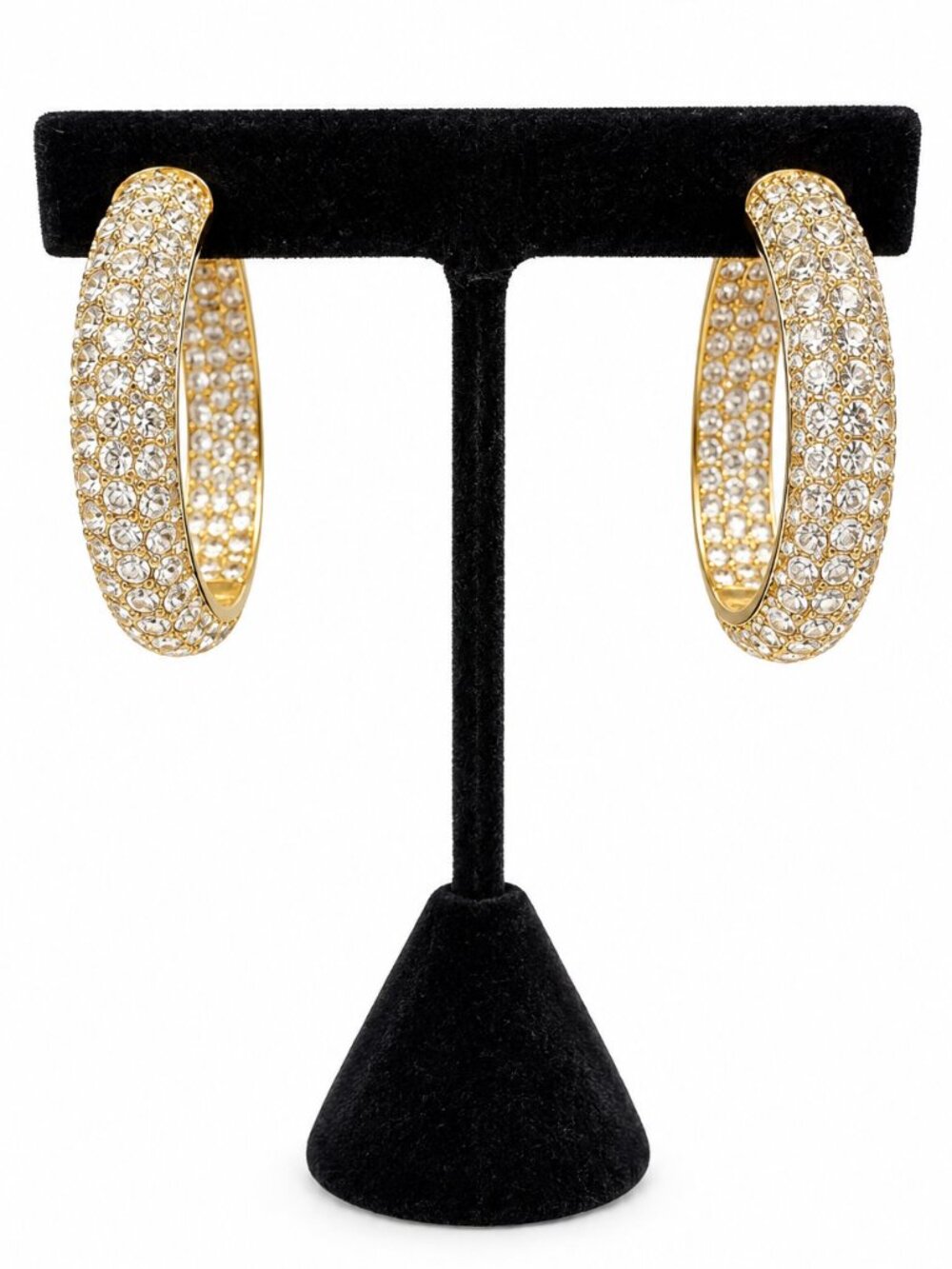 Gold Tone Pave Rhinestone Inside Outside Statement Hoop Earrings